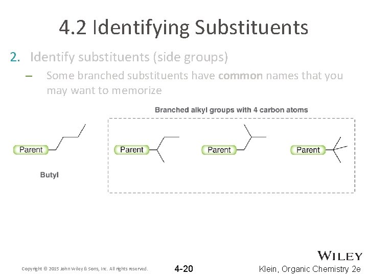 4. 2 Identifying Substituents 2. Identify substituents (side groups) – Some branched substituents have