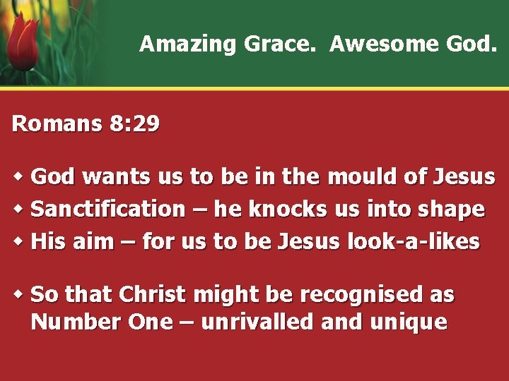 Amazing Grace. Awesome God. Romans 8: 29 w God wants us to be in Amazing Grace. Awesome God. Romans 8: 29 w God wants us to be in