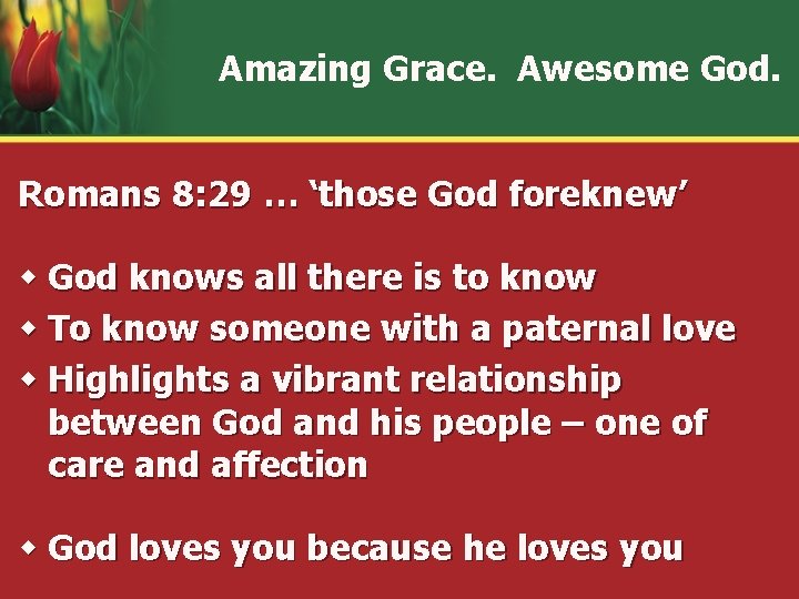 Amazing Grace. Awesome God. Romans 8: 29 … ‘those God foreknew’ w God knows Amazing Grace. Awesome God. Romans 8: 29 … ‘those God foreknew’ w God knows
