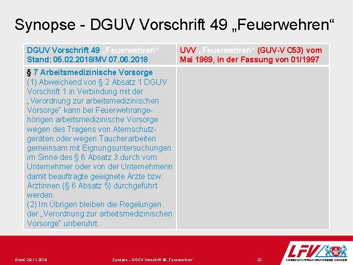 Synopse - DGUV Vorschrift 49 „Feuerwehren“ Stand: 05. 02. 2018/MV 07. 06. 2018 UVV