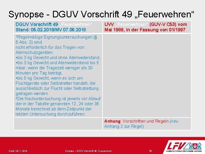 Synopse - DGUV Vorschrift 49 „Feuerwehren“ Stand: 05. 02. 2018/MV 07. 06. 2018 1