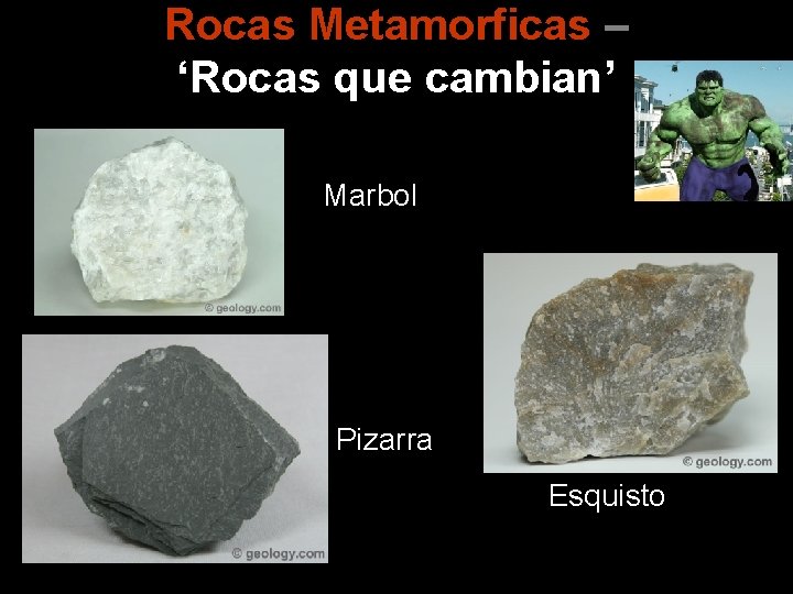Rocas Metamorficas – ‘Rocas que cambian’ Marbol Pizarra Esquisto 