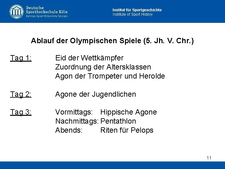 Institut für Sportgeschichte Institute of Sport History Ablauf der Olympischen Spiele (5. Jh. V.