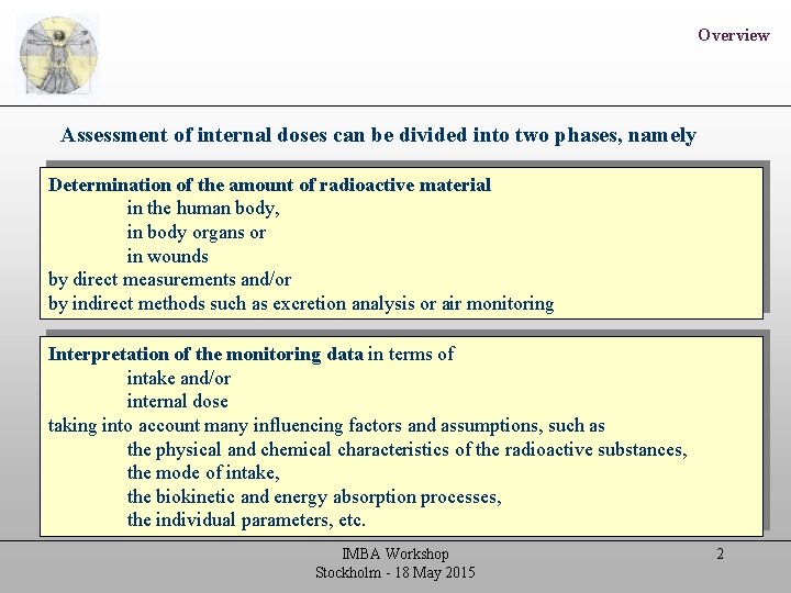 Overview Assessment of internal doses can be divided into two phases, namely Determination of