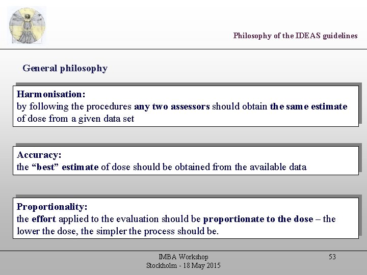 Philosophy of the IDEAS guidelines General philosophy Harmonisation: by following the procedures any two