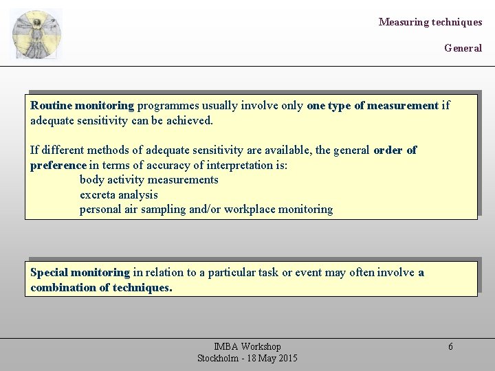 Measuring techniques General Routine monitoring programmes usually involve only one type of measurement if