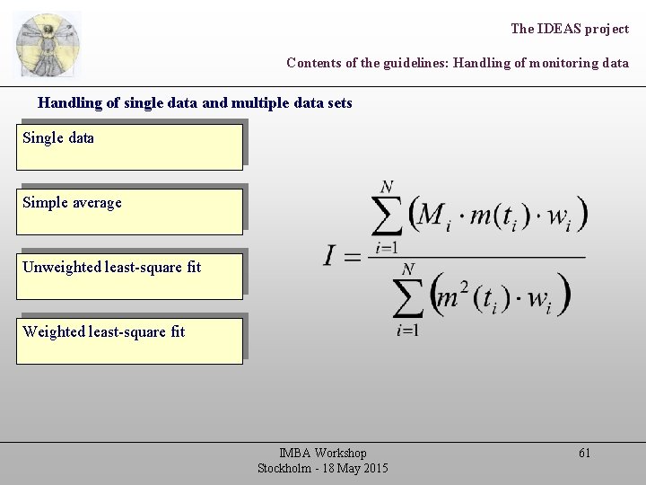 The IDEAS project Contents of the guidelines: Handling of monitoring data Handling of single