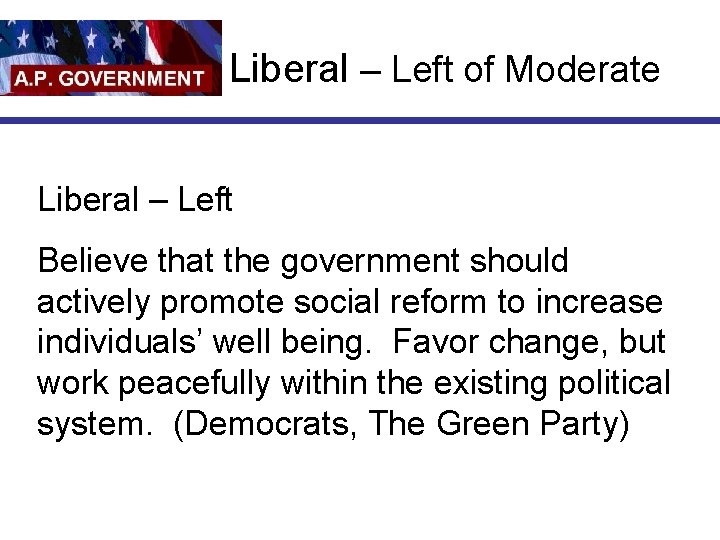 Liberal – Left of Moderate Liberal – Left Believe that the government should actively