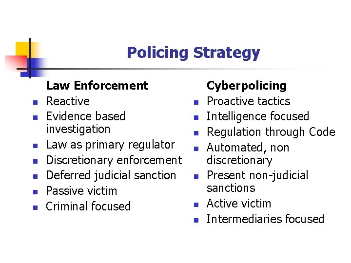 Policing Strategy n n n n Law Enforcement Reactive Evidence based investigation Law as