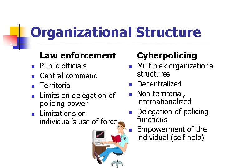 Organizational Structure Law enforcement n n n Public officials Central command Territorial Limits on