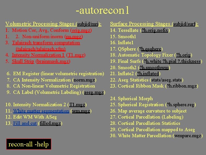 -autorecon 1 Volumetric Processing Stages (subjid/mri): Surface Processing Stages (subjid/surf): 1. Motion Cor, Avg,