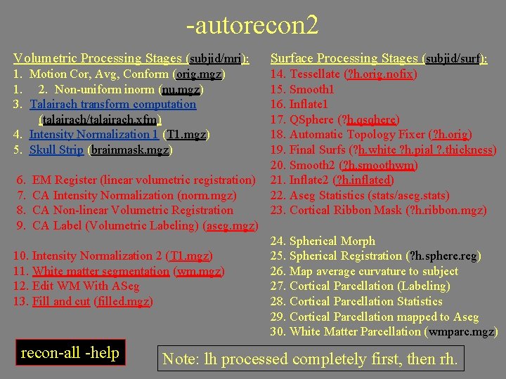 -autorecon 2 Volumetric Processing Stages (subjid/mri): Surface Processing Stages (subjid/surf): 1. Motion Cor, Avg,