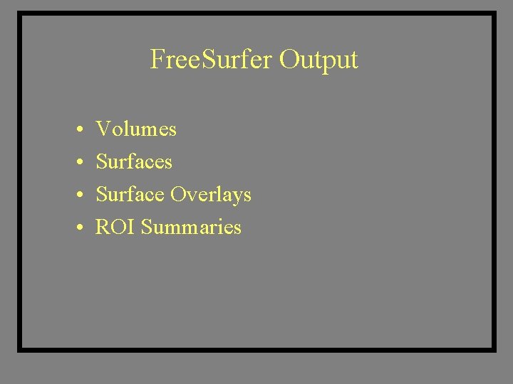 Free. Surfer Output • • Volumes Surface Overlays ROI Summaries 