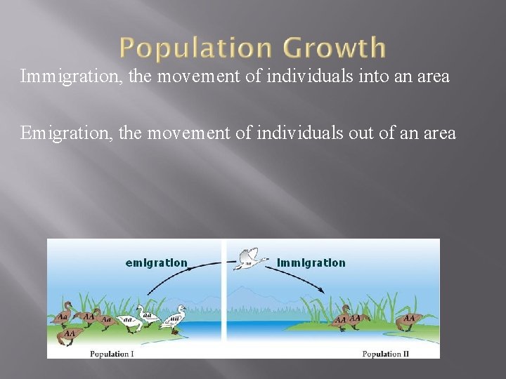 Immigration, the movement of individuals into an area Emigration, the movement of individuals out