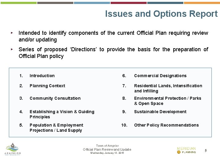 Issues and Options Report ▸ Intended to identify components of the current Official Plan