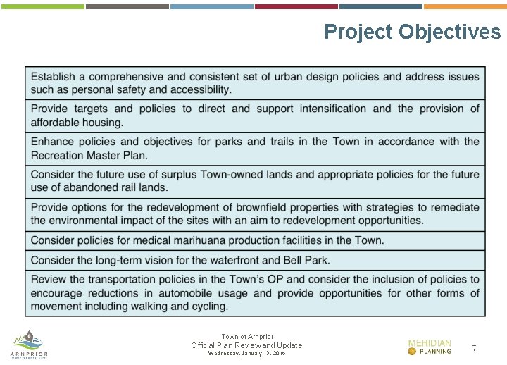 Project Objectives Town of Arnprior Official Plan Review and Update Wednesday, January 13, 2016