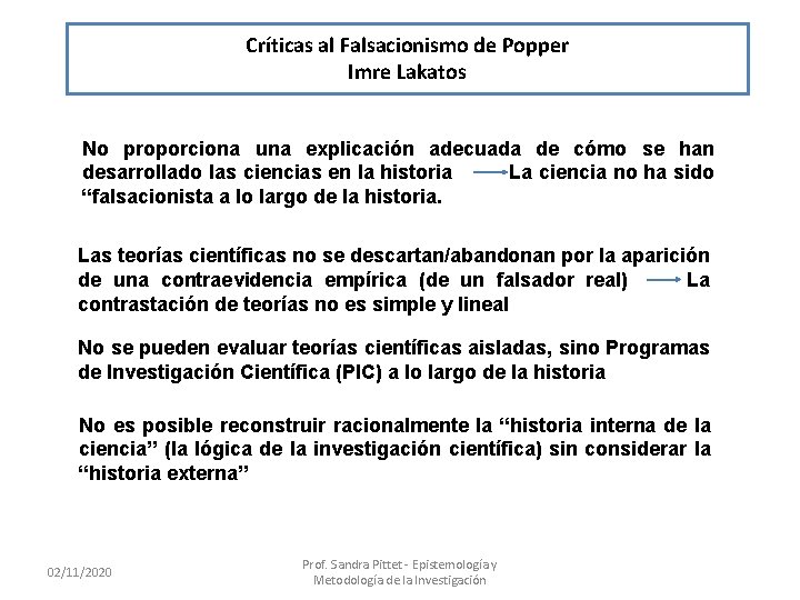 Críticas al Falsacionismo de Popper Imre Lakatos No proporciona una explicación adecuada de cómo