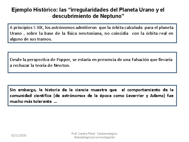 Ejemplo Histórico: las “irregularidades del Planeta Urano y el descubrimiento de Neptuno” A principios