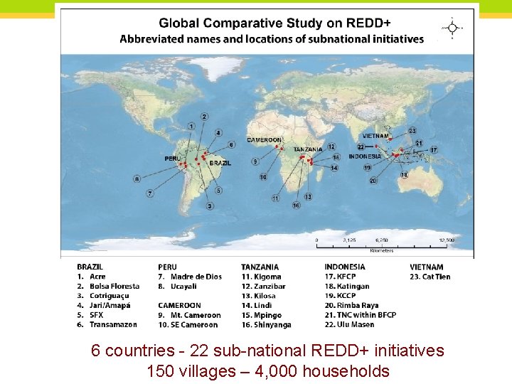 6 countries - 22 sub-national REDD+ initiatives 150 villages – 4, 000 households 6 countries - 22 sub-national REDD+ initiatives 150 villages – 4, 000 households