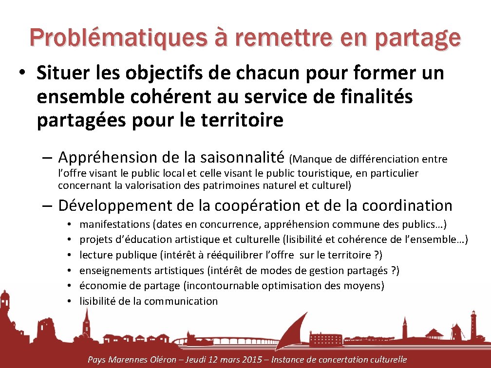 Problématiques à remettre en partage • Situer les objectifs de chacun pour former un