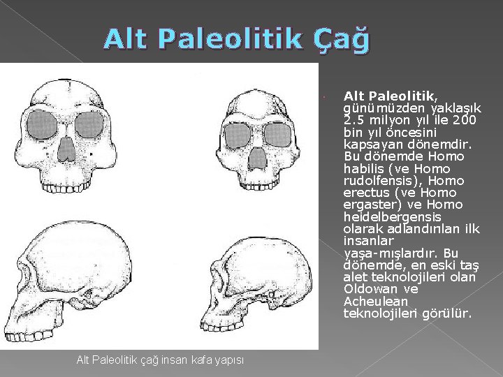 Alt Paleolitik Çağ Alt Paleolitik çağ insan kafa yapısı Alt Paleolitik, günümüzden yaklaşık 2. Alt Paleolitik Çağ Alt Paleolitik çağ insan kafa yapısı Alt Paleolitik, günümüzden yaklaşık 2.