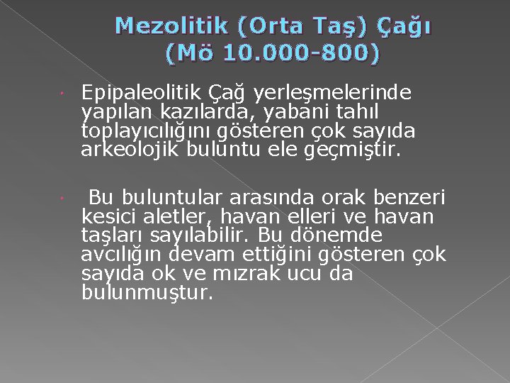 Mezolitik (Orta Taş) Çağı (Mö 10. 000 -800) Epipaleolitik Çağ yerleşmelerinde yapılan kazılarda, yabani Mezolitik (Orta Taş) Çağı (Mö 10. 000 -800) Epipaleolitik Çağ yerleşmelerinde yapılan kazılarda, yabani