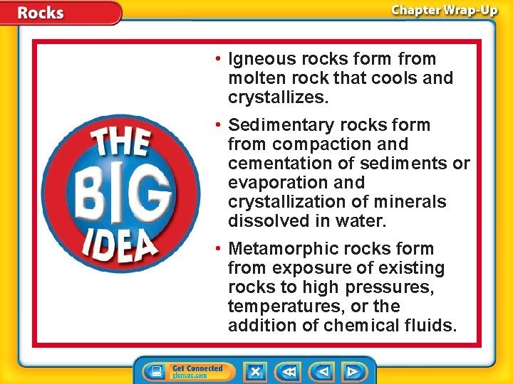  • Igneous rocks form from molten rock that cools and crystallizes. • Sedimentary