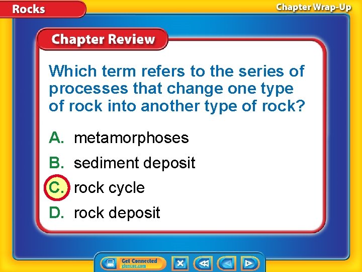 Which term refers to the series of processes that change one type of rock