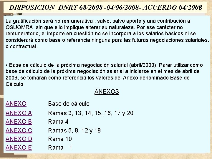 DISPOSICION DNRT 68/2008 -04/06/2008 - ACUERDO 04/2008 La gratificación será no remunerativa , salvo DISPOSICION DNRT 68/2008 -04/06/2008 - ACUERDO 04/2008 La gratificación será no remunerativa , salvo