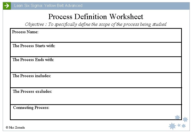 Lean Six Sigma: Yellow Belt Advanced Process Definition Worksheet Objective : To specifically define