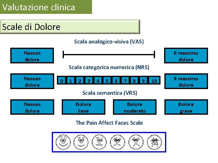 Valutazione clinica Scale di Dolore Scala analogico-visiva (VAS) Nessun dolore Il massimo dolore Scala Valutazione clinica Scale di Dolore Scala analogico-visiva (VAS) Nessun dolore Il massimo dolore Scala