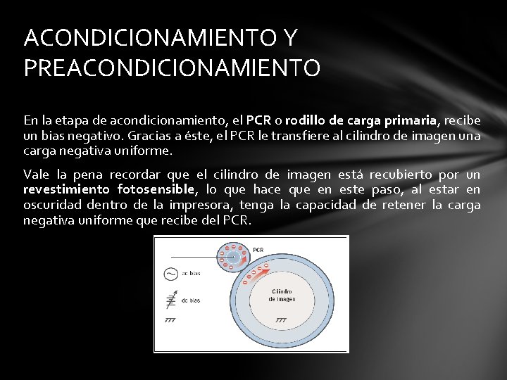 ACONDICIONAMIENTO Y PREACONDICIONAMIENTO En la etapa de acondicionamiento, el PCR o rodillo de carga