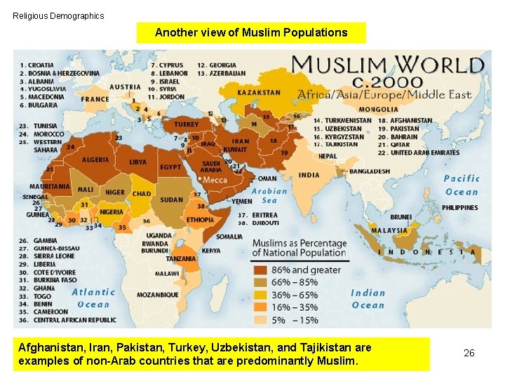 Religious Demographics Another view of Muslim Populations Afghanistan, Iran, Pakistan, Turkey, Uzbekistan, and Tajikistan