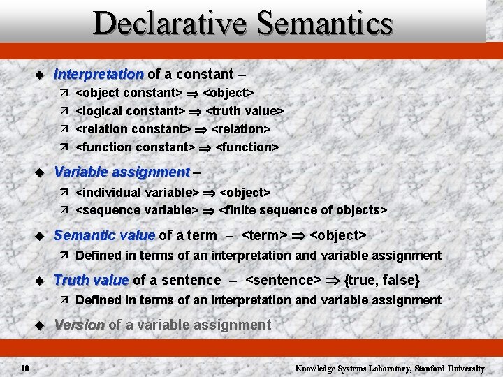 Declarative Semantics u Interpretation of a constant – ä ä u <object constant> Þ