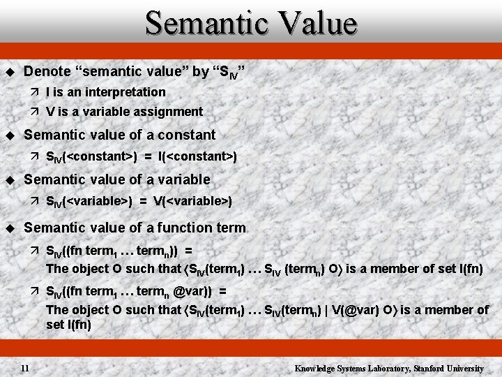 Semantic Value u Denote “semantic value” by “SIV” ä I is an interpretation ä