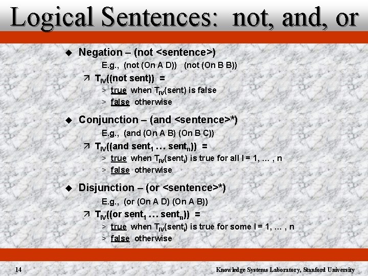 Logical Sentences: not, and, or u Negation – (not <sentence>) E. g. , (not