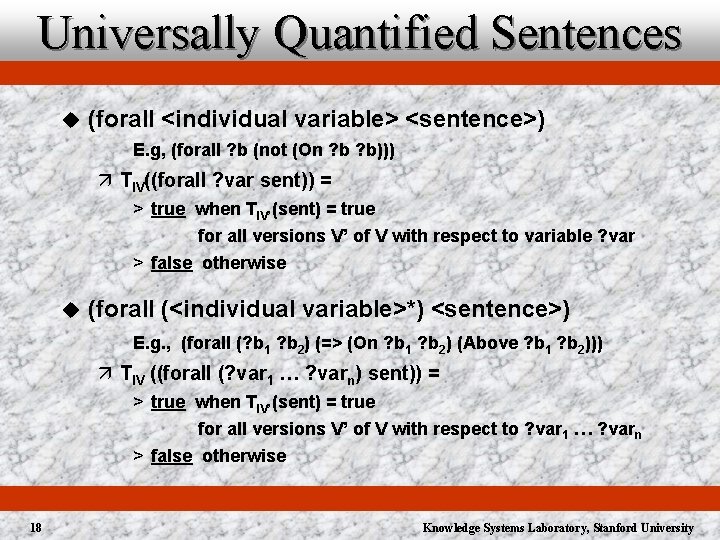 Universally Quantified Sentences u (forall <individual variable> <sentence>) E. g, (forall ? b (not