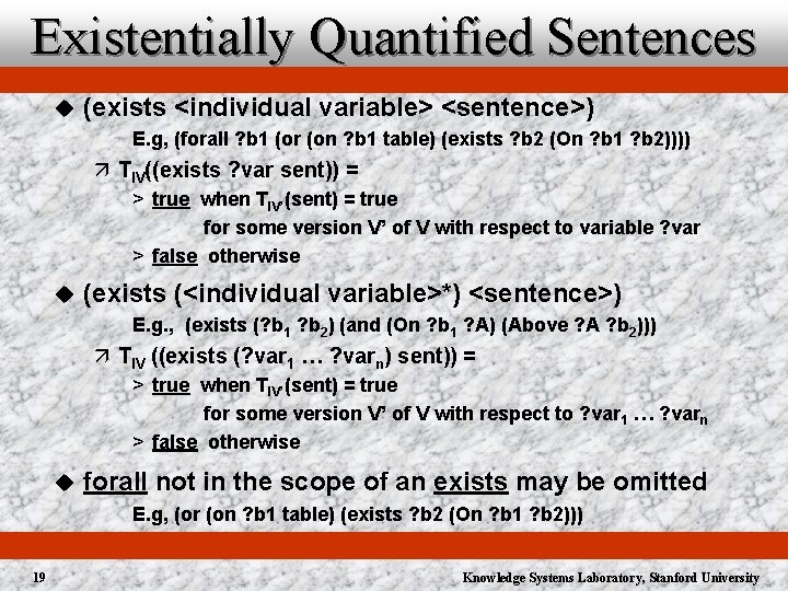 Existentially Quantified Sentences u (exists <individual variable> <sentence>) E. g, (forall ? b 1