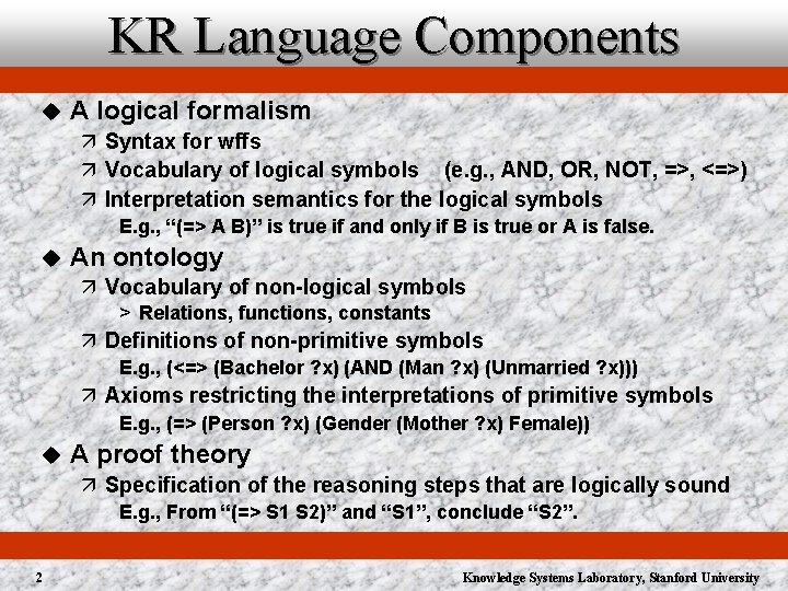 KR Language Components u A logical formalism ä Syntax for wffs ä Vocabulary of