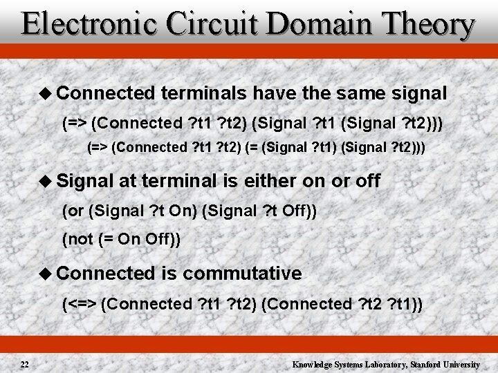 Electronic Circuit Domain Theory u Connected terminals have the same signal (=> (Connected ?