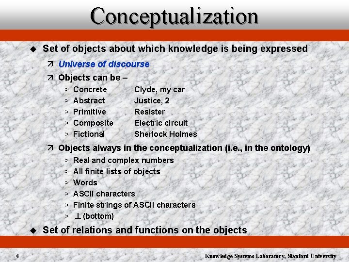 Conceptualization u Set of objects about which knowledge is being expressed ä Universe of