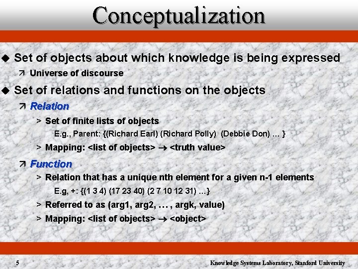 Conceptualization u Set of objects about which knowledge is being expressed ä Universe of