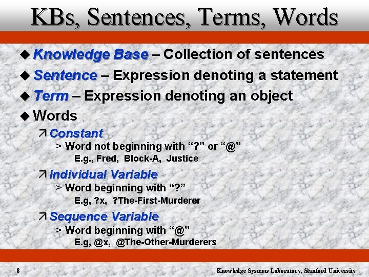 KBs, Sentences, Terms, Words u Knowledge Base – Collection of sentences u Sentence –