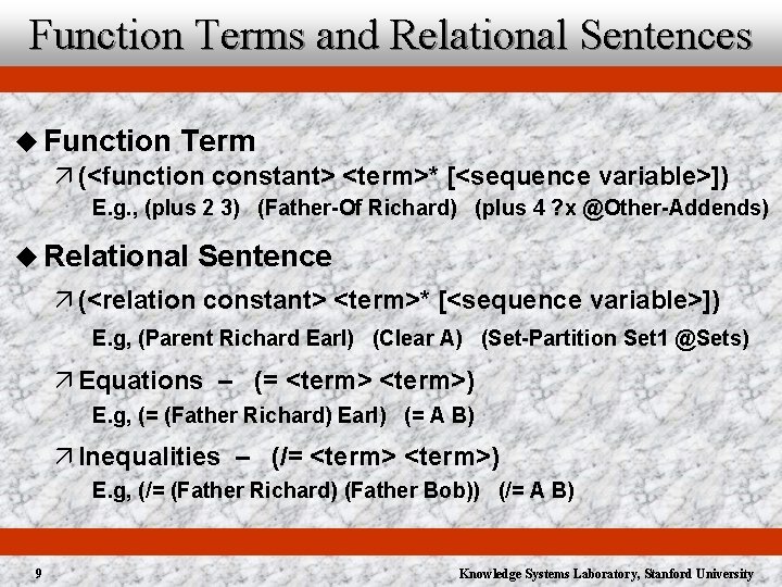 Function Terms and Relational Sentences u Function Term ä (<function constant> <term>* [<sequence variable>])