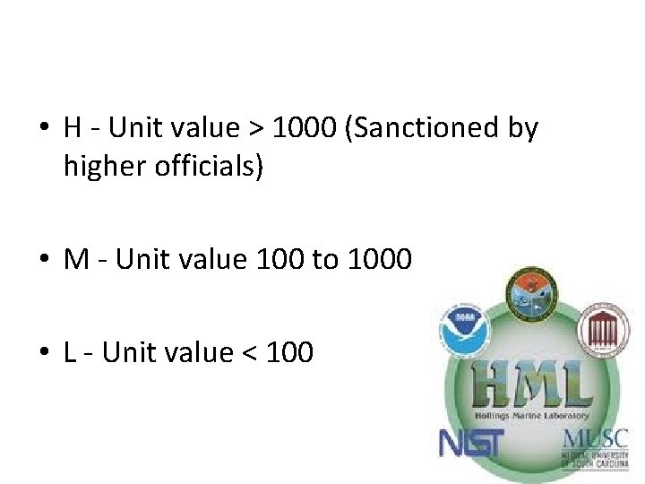  • H - Unit value > 1000 (Sanctioned by higher officials) • M