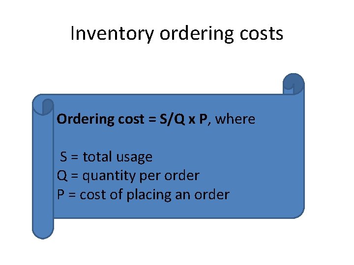 Inventory ordering costs Ordering cost = S/Q x P, where S = total usage