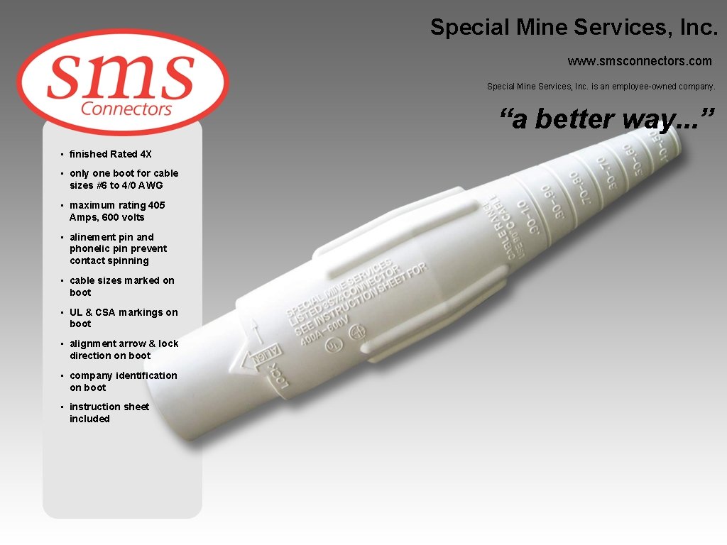Special Mine Services, Inc. www. smsconnectors. com Special Mine Services, Inc. is an employee-owned