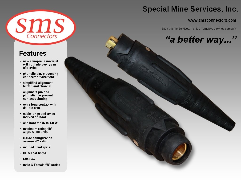 Special Mine Services, Inc. www. smsconnectors. com Special Mine Services, Inc. is an employee-owned