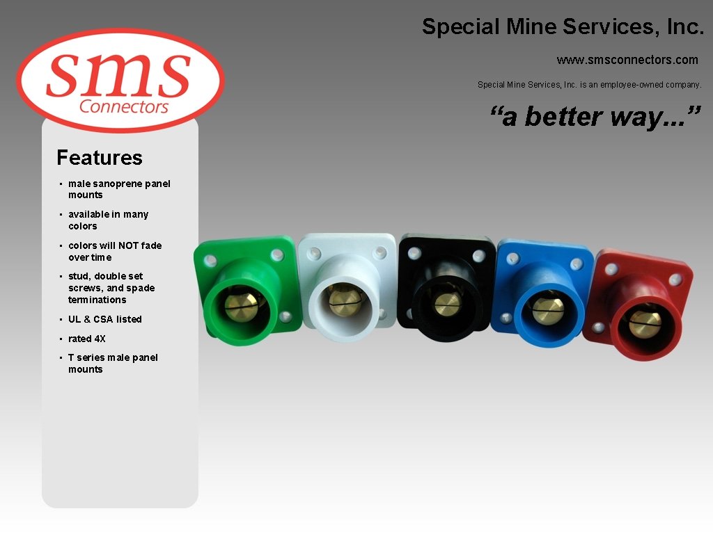 Special Mine Services, Inc. www. smsconnectors. com Special Mine Services, Inc. is an employee-owned