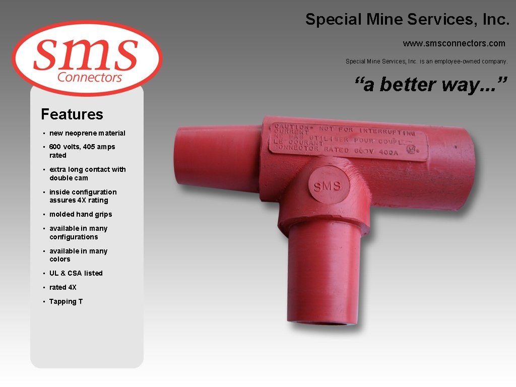 Special Mine Services, Inc. www. smsconnectors. com Special Mine Services, Inc. is an employee-owned
